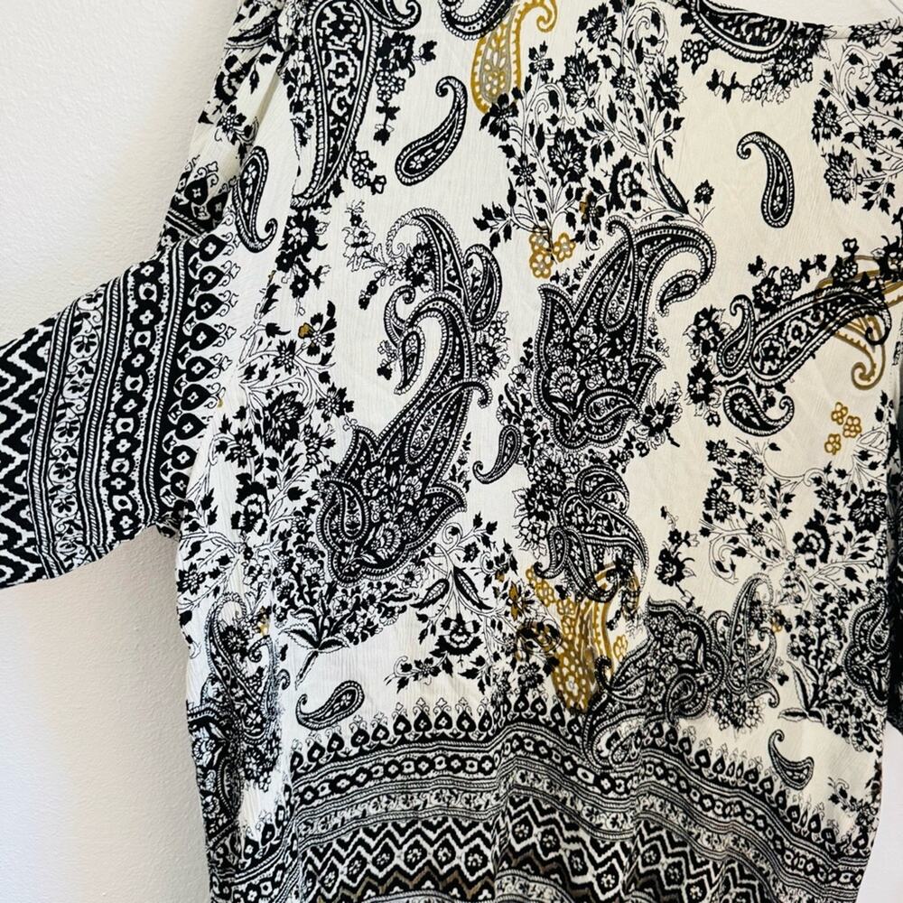 VINTAGE FORBIDDEN Black White Beige Paisley Print Boho Poncho Blouse Shirt Top L - Picture 9 of 13